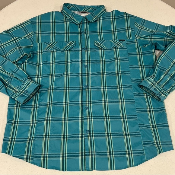 Columbia Omni Shade Long Sleeve Shirt XL Vented Green Aqua Teal Plaid Button Up - Picture 1 of 9